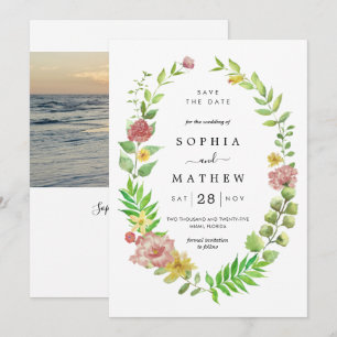 Rustic greenery floral frame photo save the date