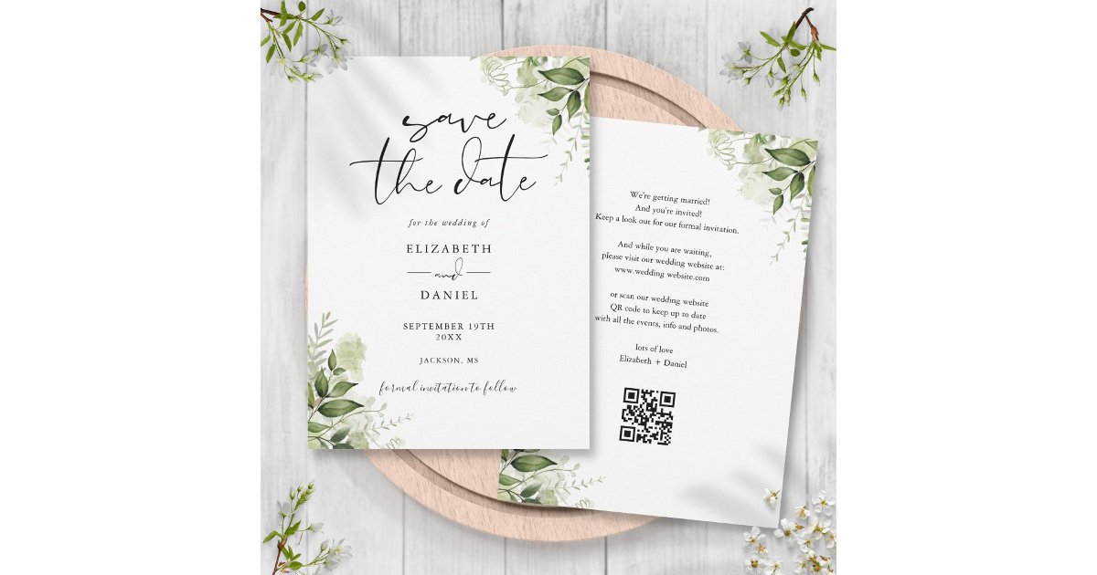 Rustic Greenery Floral QR Code Wedding Save The Date | Zazzle