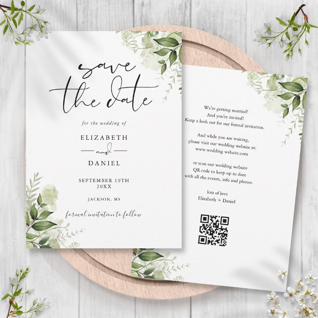 Rustic Greenery Floral QR Code Wedding Save The Date (Rustic Greenery Floral QR Code Wedding Save The Date)