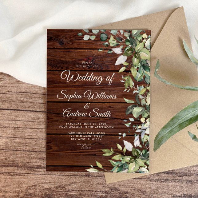 Rustic Greenery Floral Wood Wedding Invitation (Creator Uploaded)