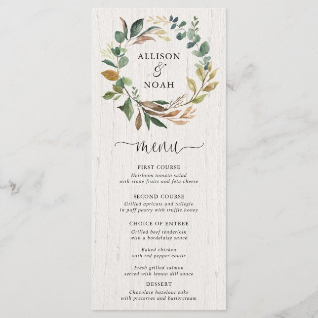Rustic greenery foliage botanical wedding menu (Front)
