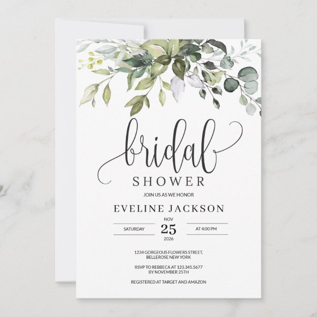 Rustic Greenery Foliage Bridal Shower Invitation (Front)