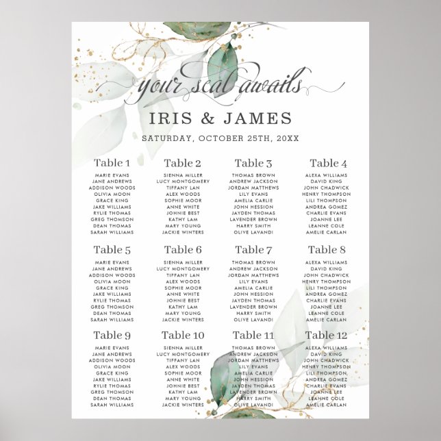 Rustic Greenery Foliage Gold Wedding Seating Chart (Front)