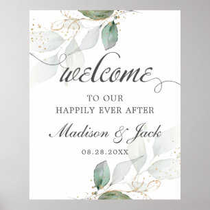 Rustic Greenery Foliage Gold Wedding Welcome Sign