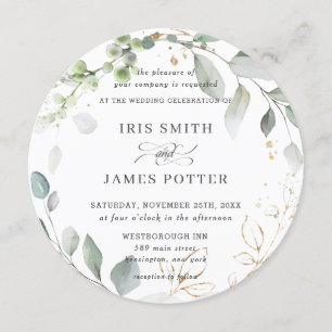 Rustic Greenery Foliage Leaves Wreath Gold Wedding Invitation