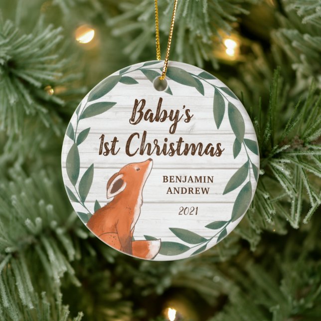 Rustic Greenery Fox Baby's First Christmas Photo Ceramic Ornament (Tree)