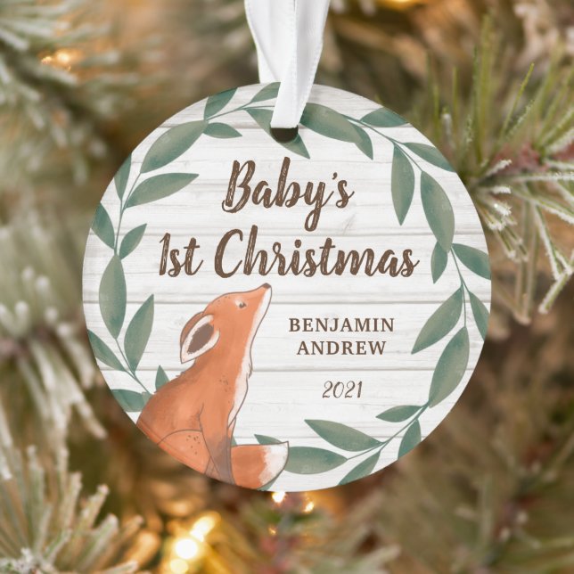 Rustic Greenery Fox Baby's First Christmas Photo Ornament (Tree)