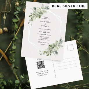 Rustic Greenery Geometric Wedding Real Silver Foil Invitation Postcard