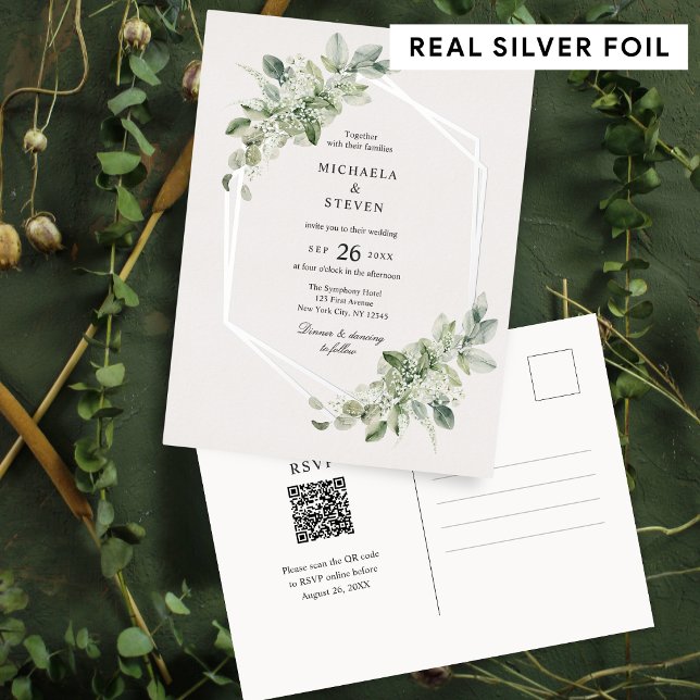 Rustic Greenery Geometric Wedding Real Silver Foil Invitation Postcard (Creator Uploaded)