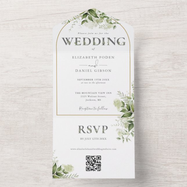 Rustic Greenery Gold Arch QR Code Wedding All In One Invitation (Inside)