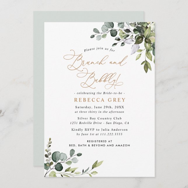 Rustic Greenery Gold Brunch & Bubbly Bridal Shower Invitation (Front/Back)