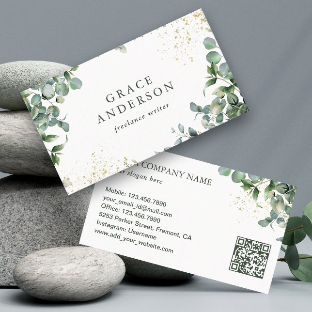 Rustic Greenery Gold Eucalyptus QR Code Business Card (Creator Uploaded)