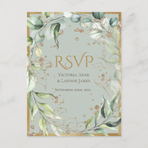Rustic Greenery Gold Glitter Wedding RSVP Postcard