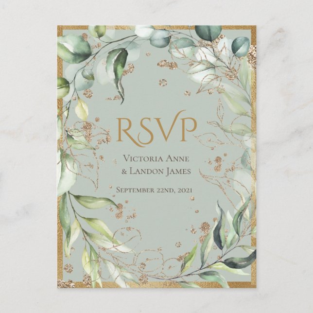Rustic Greenery Gold Glitter Wedding RSVP Postcard (Front)