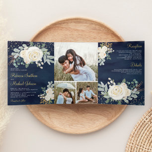 Rustic Greenery Gold Ivory Floral Navy Wedding Tri-Fold Invitation