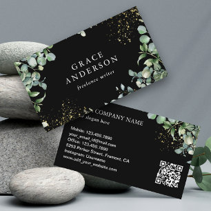 Rustic Greenery Gold Navy Blue Eucalyptus QR Code Business Card