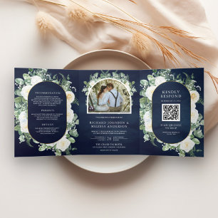 Rustic Greenery Ivory Floral Navy QR Code Wedding Tri-Fold Invitation