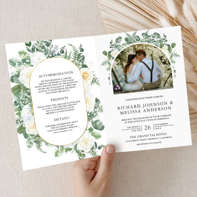 Rustic Greenery Ivory Floral Photo QR Code Wedding Invitation (Creator Uploaded)
