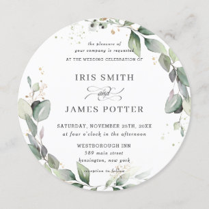Rustic Greenery Leafy Foliage Wreath Gold Wedding Invitation