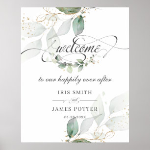 Rustic Greenery Leaves Gold Wedding Welcome Sign