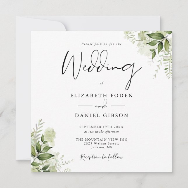 Rustic Greenery Leaves Monogram Square Wedding Invitation (Front)