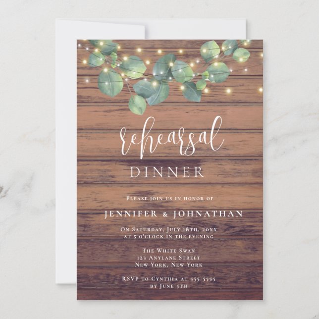 Rustic Greenery Lights Rehearsal Dinner Invitation (Front)