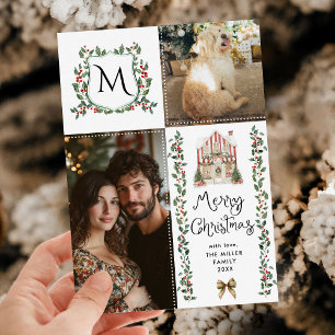 Rustic Greenery Monogram Bow Merry Christmas Photo Holiday Card