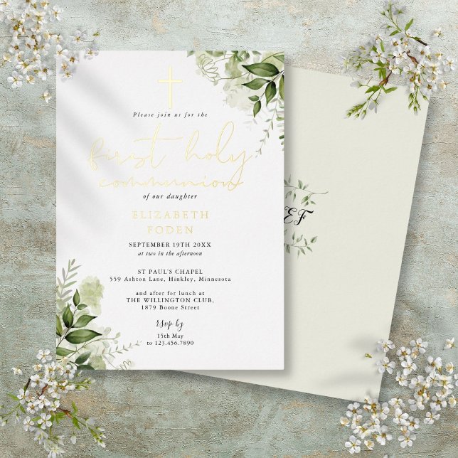 Rustic Greenery Monogram First Holy Communion (Rustic Greenery Monogram First Holy Communion Foil Invitation)