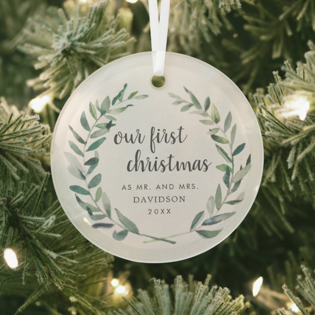Rustic Greenery Newlywed Our First Christmas Glass Tree Decoration (Insitu)