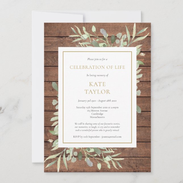 Rustic Greenery Photo Funeral Celebration of Life Invitation (Front)