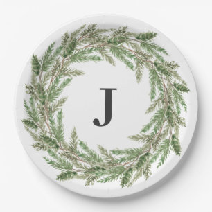 Rustic Greenery Pine Wreath Monogram Holiday Paper Plate
