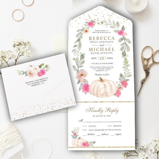 Rustic Greenery Pink Roses White Pumpkin Wedding All In One Invitation (Creator Uploaded)