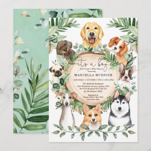Rustic Greenery Puppy Dogs Boy Baby Shower Invitation