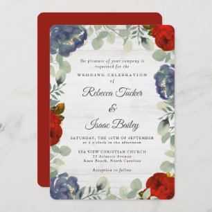 Rustic Greenery Red & Blue Floral Wedding Invitation
