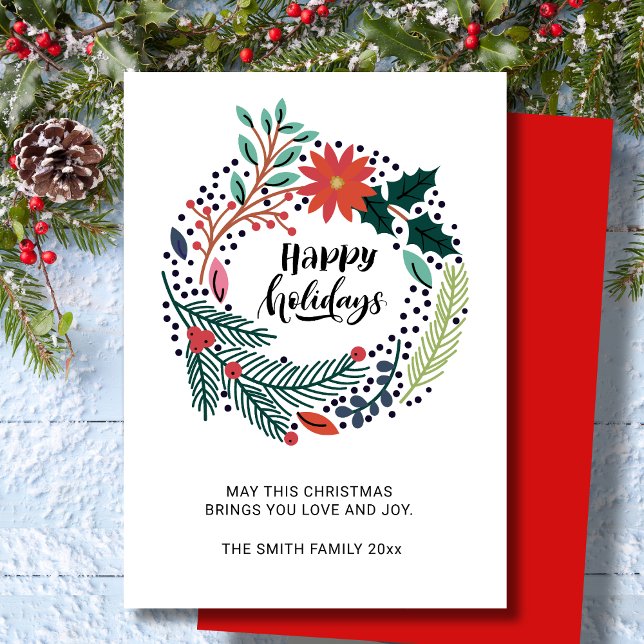 Rustic Greenery Red Poinsettia Floral Wreath Chic Holiday Card (Creator Uploaded)
