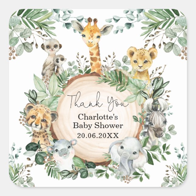 Rustic Greenery Safari Wild Animals Favors Square Sticker (Front)