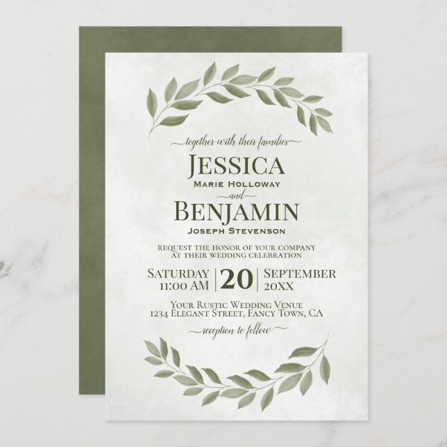 Rustic Greenery Simple Elegant Sage Green Wedding Invitation (Front/Back)