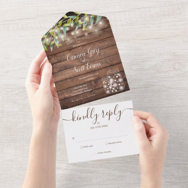 Rustic Greenery String Lights Mason Jars Wedding All In One Invitation (Tearaway)