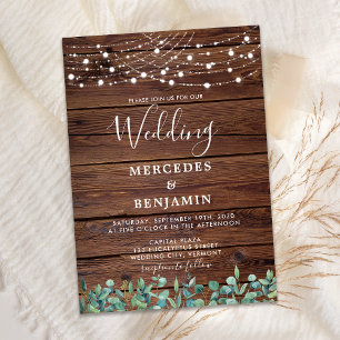 Rustic Greenery String Lights Wood QR Code Wedding Invitation