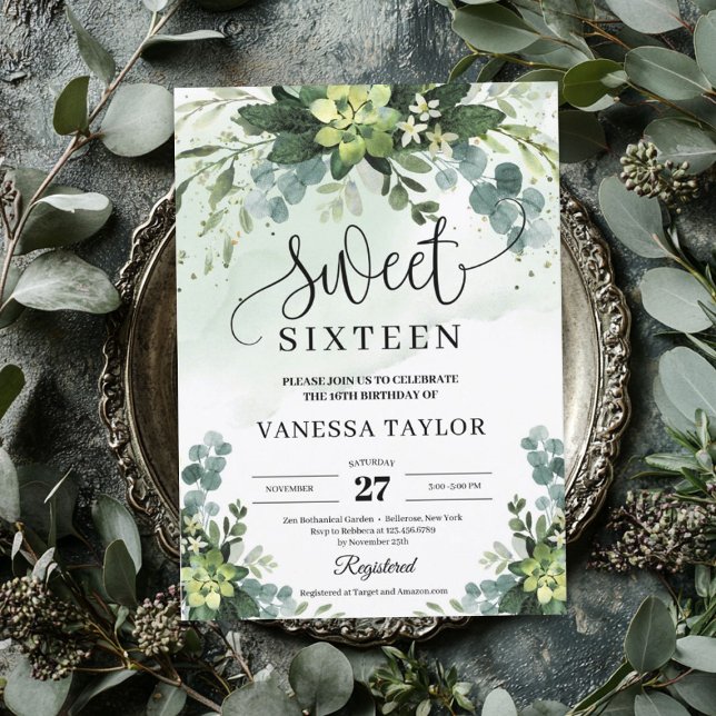 Rustic greenery succulent flowers sweet sixteen invitation (Rustic greenery succulent flowers sweet sixteen invitation)