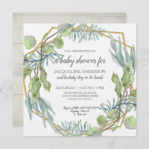 Rustic Greenery Watercolor Geometric Baby Shower Invitation