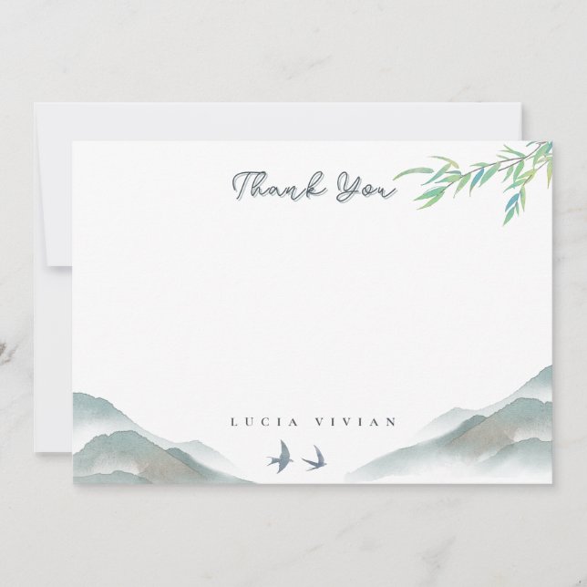 Rustic Greenery Watercolor Mountain Blank Thank You Card (Front)
