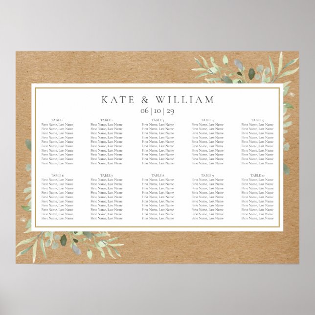 Rustic Greenery Watercolor Wedding Seating Chart (Front)