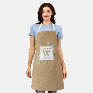 Rustic Greenery Watercolor White Gold Monogram Apron