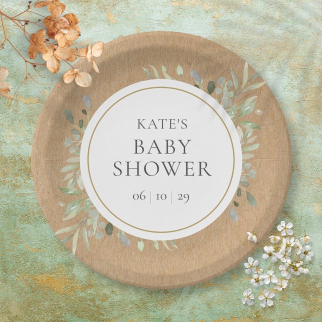 Rustic Greenery Watercolour Neutral Baby Shower Paper Plate (Creator Uploaded)