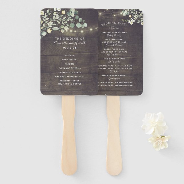 Rustic Greenery Wedding Program | Menu Hand Fan (Front and Back)