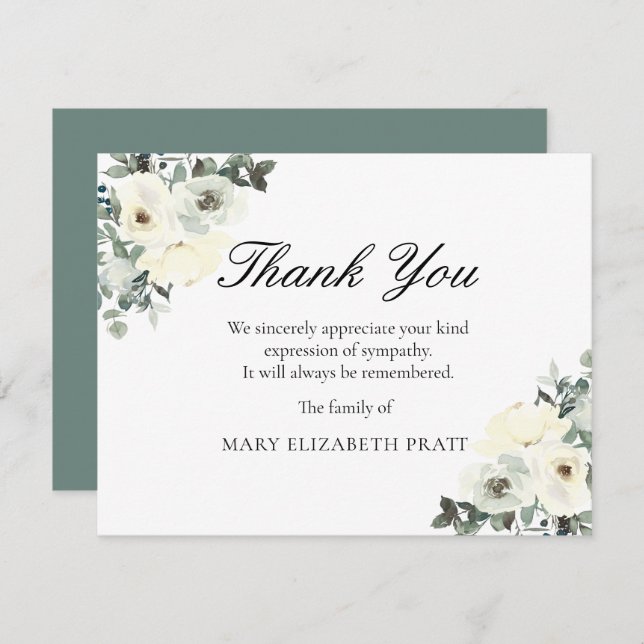 Rustic Greenery White Floral Funeral Thank You Card (Front/Back)