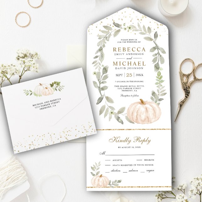 Rustic Greenery White Pumpkin Fall Wedding All In One Invitation (Creator Uploaded)