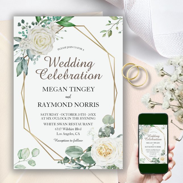 Rustic Greenery & White Roses Geometric Wedding Invitation (Creator Uploaded)
