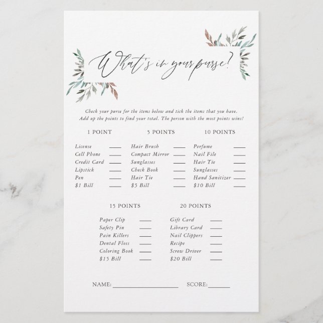 Rustic Greenery Winter Baby Shower Game (Front)